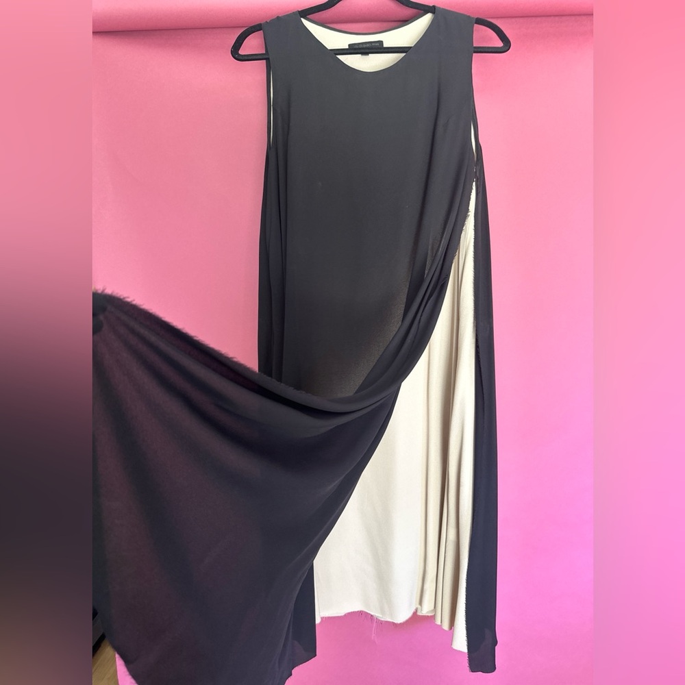 Louisa Babouryan black silk layered sleeveless dress with unfinished edge.